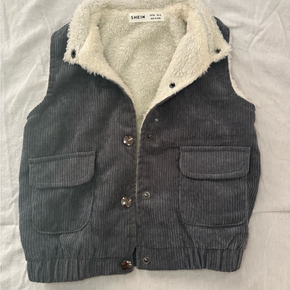 SHEIN Gray Corduroy Vest with Cream Sherpa Lining